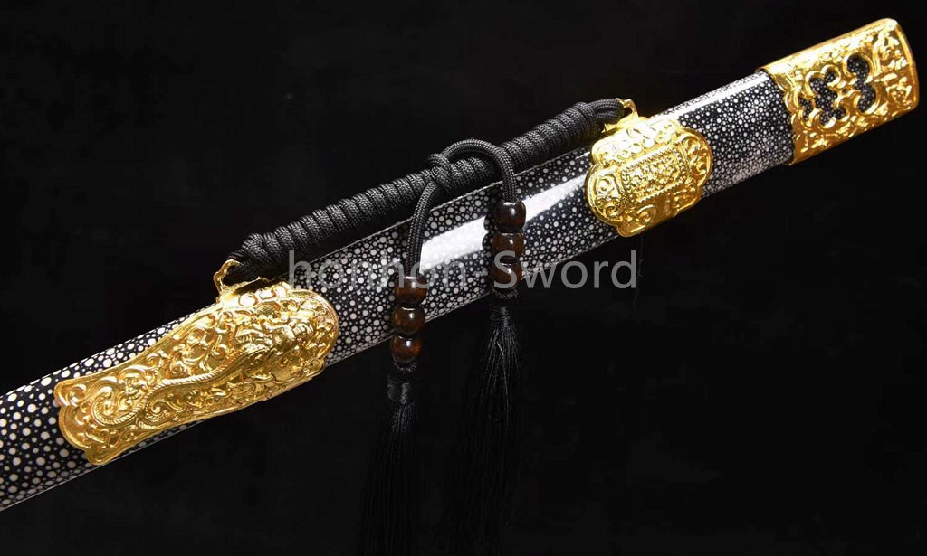 26inch Chinese Sword Qing Dynasty Jian 清剑 Folded Steel Gold-plated Brass Tsuba Double Edge Sharp