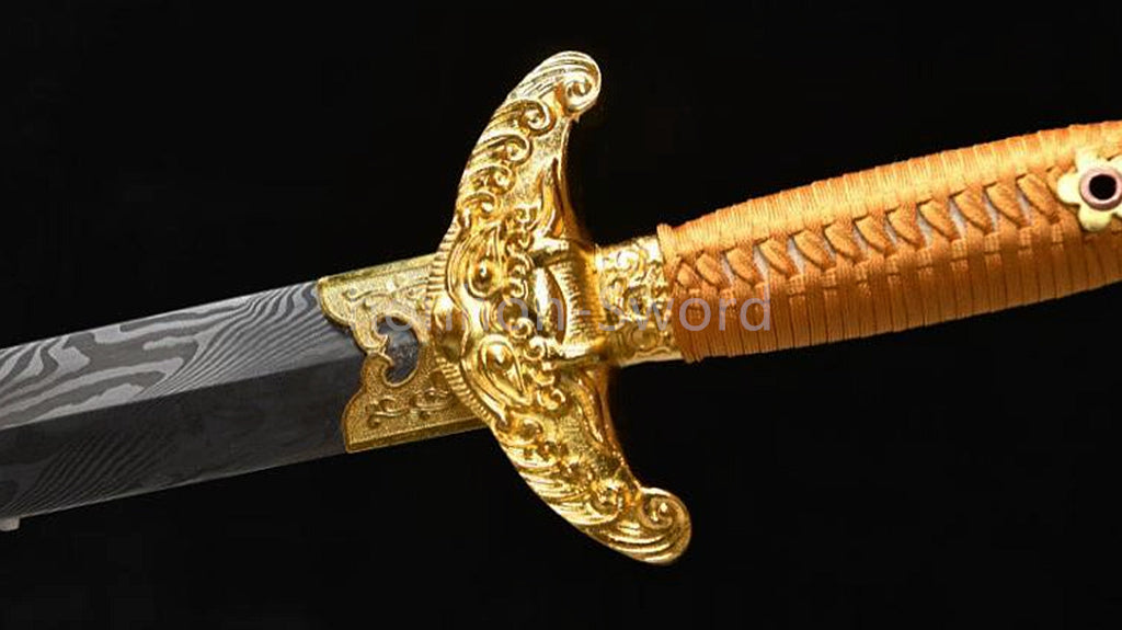 26inch Chinese Sword Qing Dynasty Jian 清剑 Folded Steel Gold-plated Brass Tsuba Double Edge Sharp