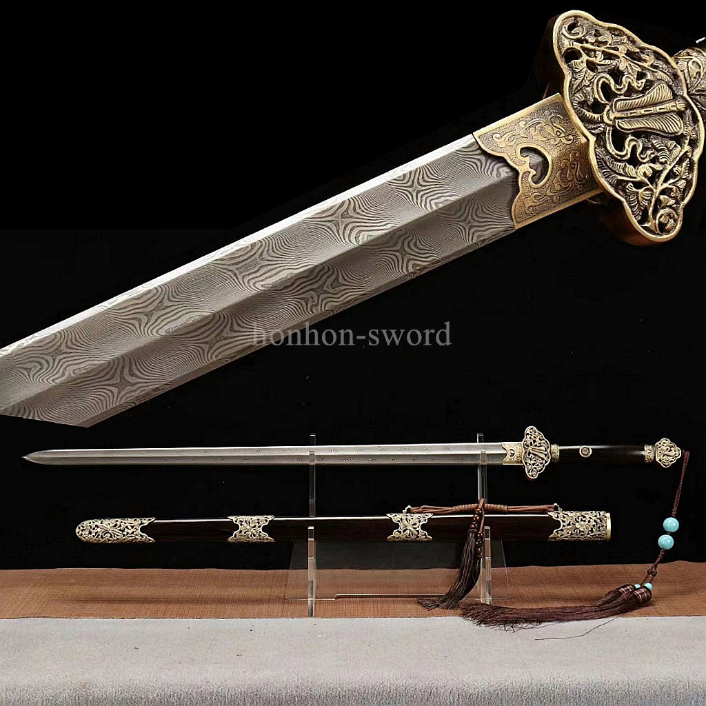 Handgeschmiedetes japanisches Samurai-Schwert Katana aus Damaszener-Faltstahl, scharf, ganz in Schwarz 