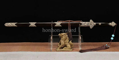 Handgeschmiedetes japanisches Samurai-Schwert Katana aus Damaszener-Faltstahl, scharf, ganz in Schwarz 