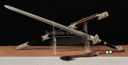 Handgeschmiedetes japanisches Samurai-Schwert Katana aus Damaszener-Faltstahl, scharf, ganz in Schwarz 