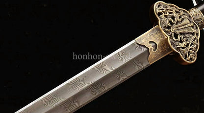 Handgeschmiedetes japanisches Samurai-Schwert Katana aus Damaszener-Faltstahl, scharf, ganz in Schwarz 
