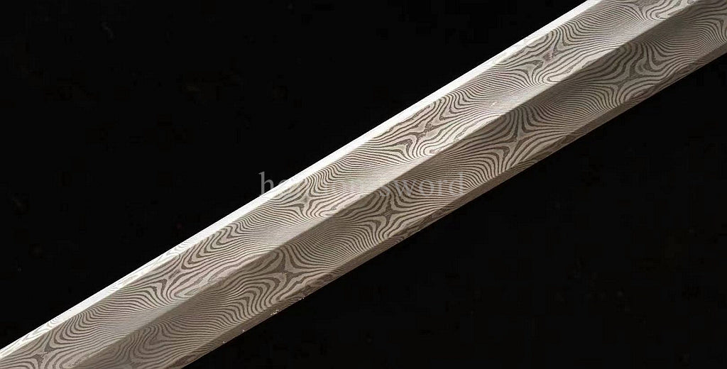 Handgeschmiedetes japanisches Samurai-Schwert Katana aus Damaszener-Faltstahl, scharf, ganz in Schwarz 