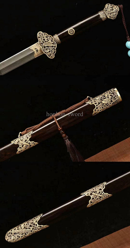 Handgeschmiedetes japanisches Samurai-Schwert Katana aus Damaszener-Faltstahl, scharf, ganz in Schwarz 