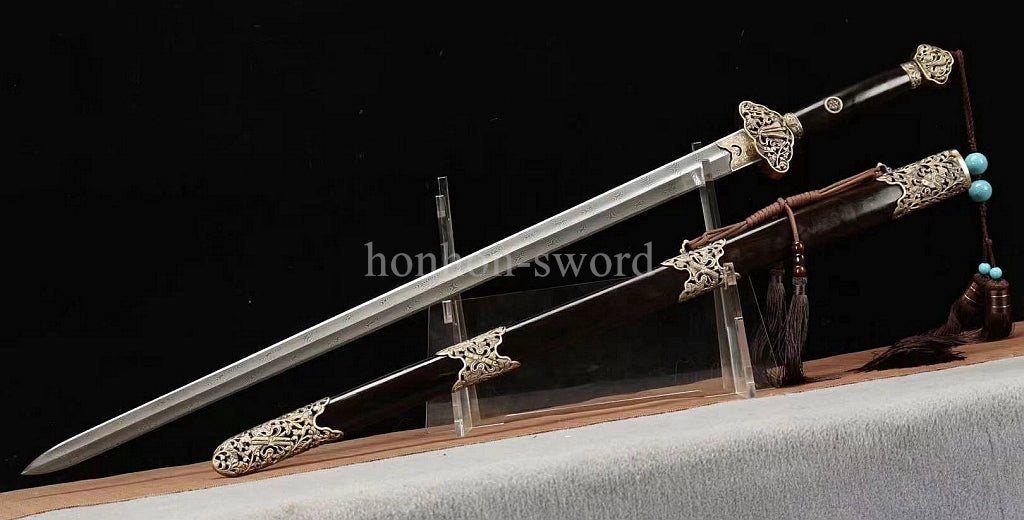 Handgeschmiedetes japanisches Samurai-Schwert Katana aus Damaszener-Faltstahl, scharf, ganz in Schwarz 