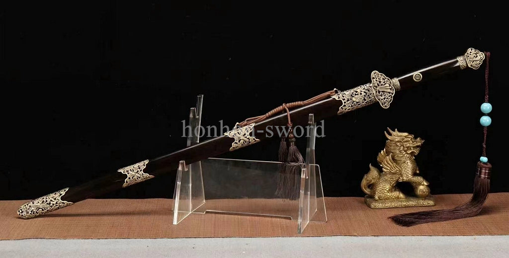 Handgeschmiedetes japanisches Samurai-Schwert Katana aus Damaszener-Faltstahl, scharf, ganz in Schwarz 