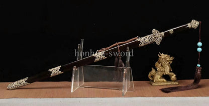 Handgeschmiedetes japanisches Samurai-Schwert Katana aus Damaszener-Faltstahl, scharf, ganz in Schwarz 