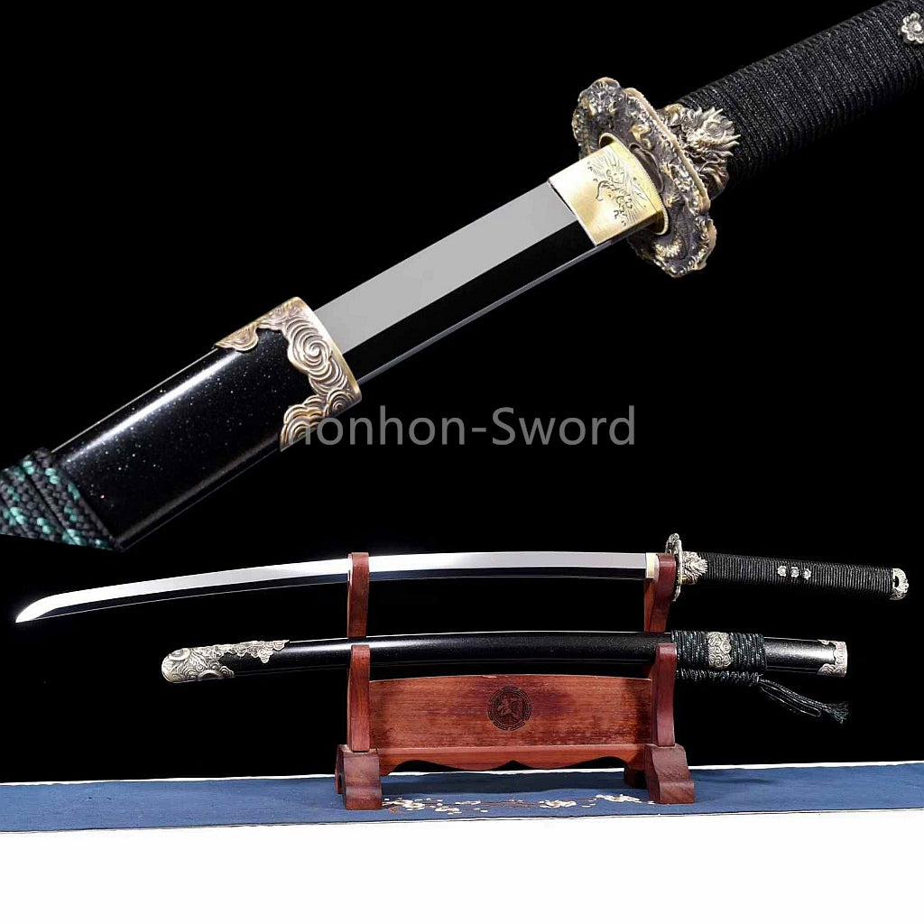 Épée Nagamaki en acier à ressort, véritable épée de samouraï japonaise, forgée à la main pour la bataille, noire, 9260 