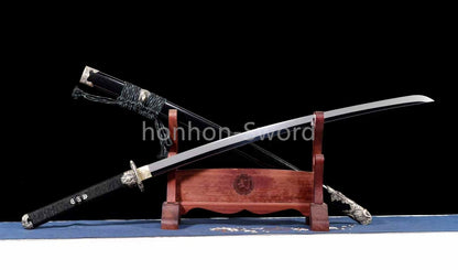 Épée Nagamaki en acier à ressort, véritable épée de samouraï japonaise, forgée à la main pour la bataille, noire, 9260 