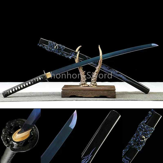 Katana à lame bleue en acier à haute teneur en carbone 1095, épée de samouraï japonais, épée complète noire 