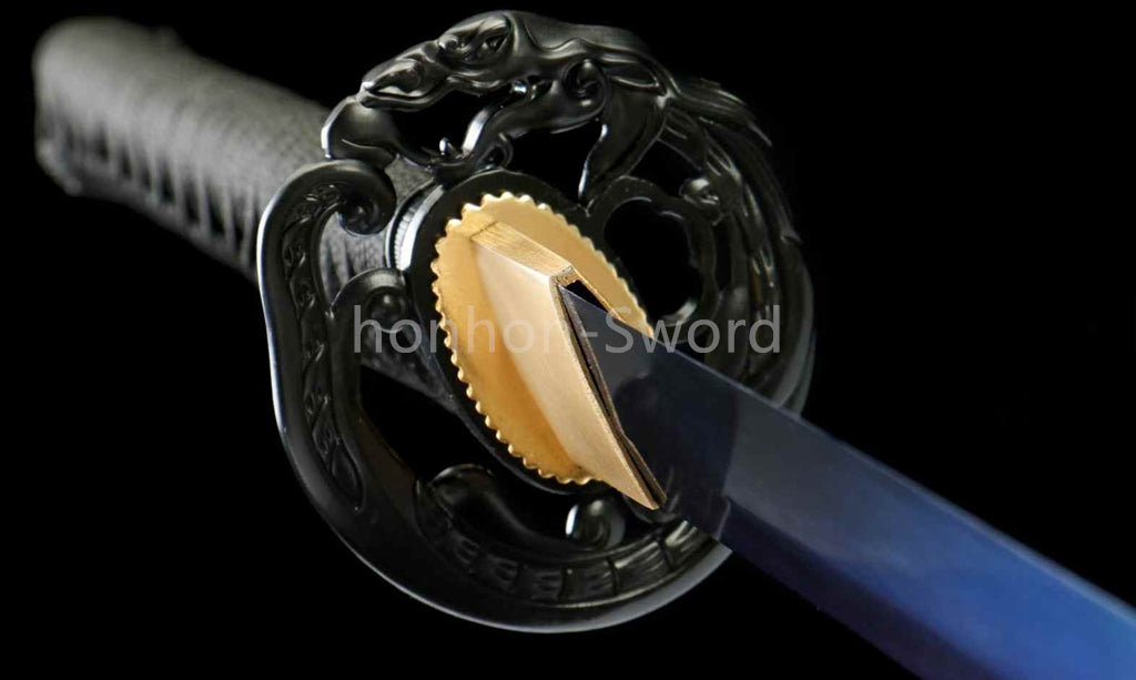 1095 Kohlenstoffstahl Katana Blaue Klinge Japanisches Samurai-Schwert Full Tang Schwarz 