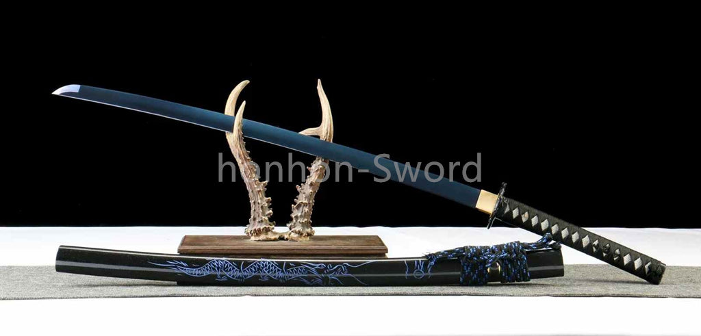 1095 Kohlenstoffstahl Katana Blaue Klinge Japanisches Samurai-Schwert Full Tang Schwarz 