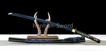 1095 Kohlenstoffstahl Katana Blaue Klinge Japanisches Samurai-Schwert Full Tang Schwarz 